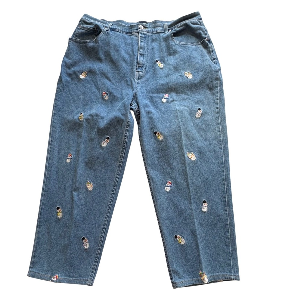 Vtg Quacker Factory Snowman Embroidered Jeans Soft Girl Whimsical Cozychic 22W‎